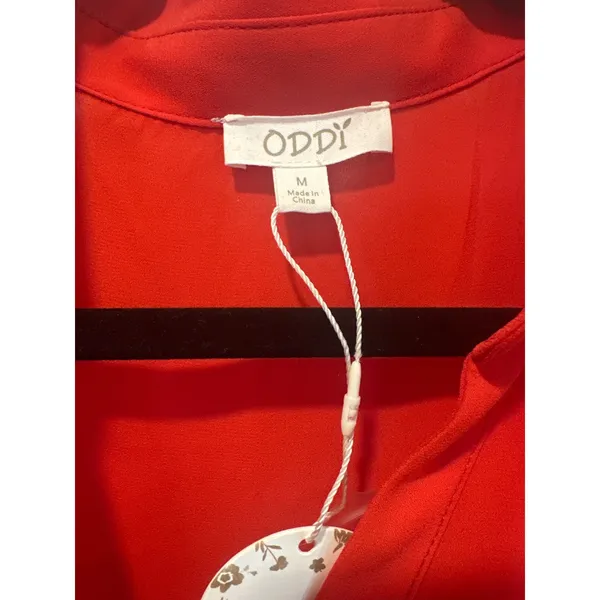 ODDI Red Blouse Top Size M Button Down Long Bishop Sleeve Crochet Trim - Image 4
