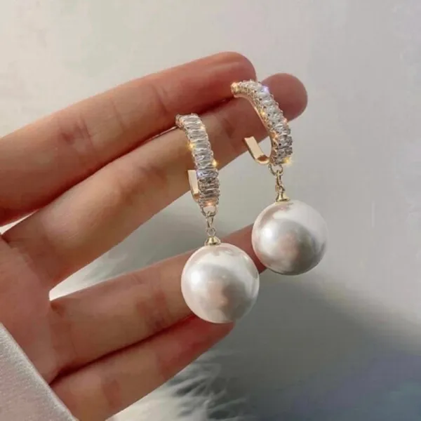 Fashion Elegant White Pearl Zircon Dangle Drop Earrings for Women - Image 3