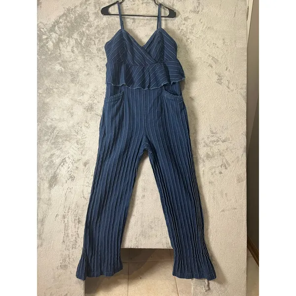 Anthropologie‎ Ett:twa Striped Denim Peplum Jumpsuit Wide Leg Blue Pinstripe LG - Image 2