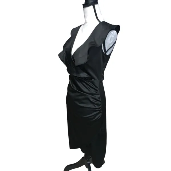 Women's V Neck Ruffle and Trim Wrap Hem Cap Sleeve Bodycon Midi Dress Satin Black - Image 4