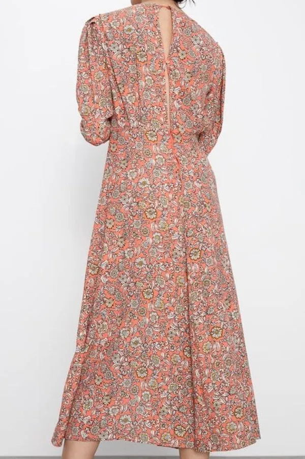 Zara FLORAL PRINTED DRAPED MIDI Flowy DRESS Long Sleeve Puff Shoulders Sz XS NEW - Image 11