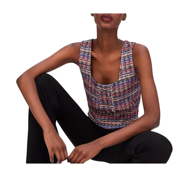 Zara Tweed Crop Tank Top Womens Medium Multicolor Plaid Button Front Square Neck - Image 2