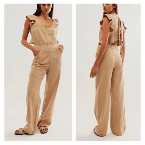 NEW Free People Women’s Size Small Brown Love Bite Back Tie Denim Jumpsuit - Image 2