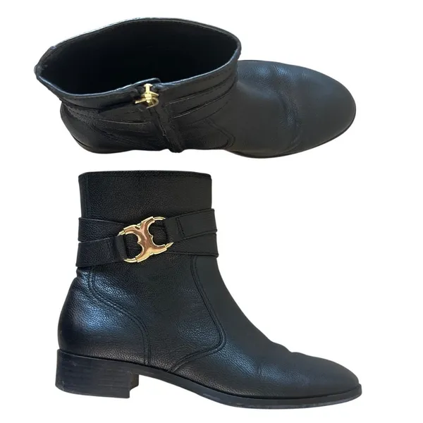 Tory Burch Gemini Link Black Pebbled Leather Ankle Booties Gold Buckle 7.5 - Image 11