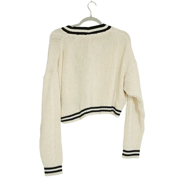 BDG Schoolgirl Ivory Black Varsity Stripe Cropped Cable Knit Cardigan Size Large - Image 6