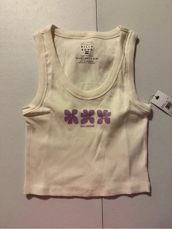 Billabong Block Party White Floral Ribbed Cropped Tank Top Small NEW - Image 2