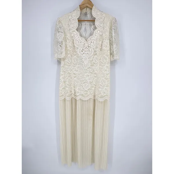 Vintage‎ Scott McClintock Ivory Cream Lace Pleated Dress Evening Gown Size 14 - Image 3