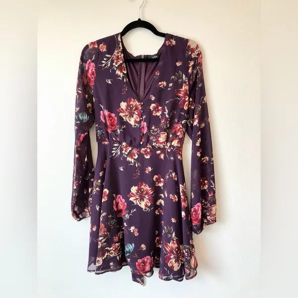 Lulus Always Yours Plum Purple Floral Print Long Sleeve Skater Dress Size L - Image 3