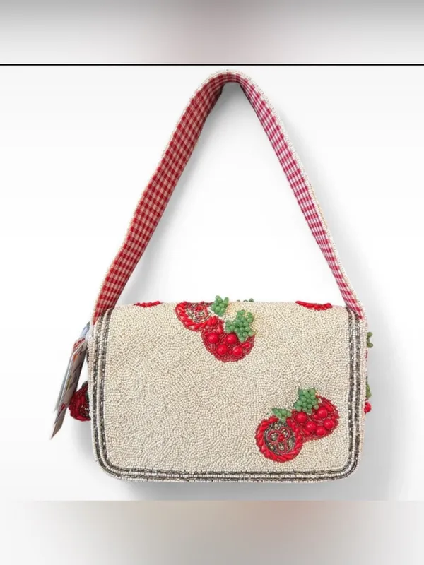Beaded Cherry Shoulder Bag in Cream and Red - Image 7