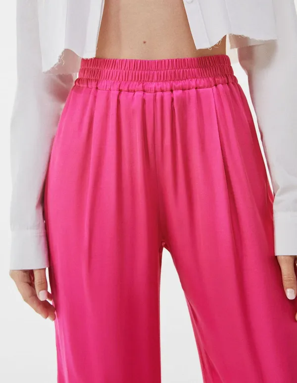 Bershka satin Effect wide leg pink pants - Image 3