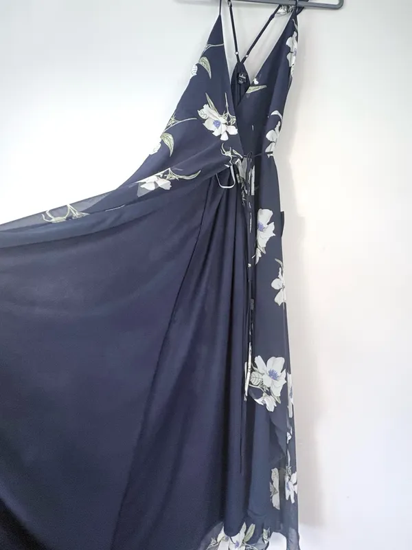 Lulus All Mine Navy Blue Floral Print High-Low Wrap Maxi Dress Large - Image 8