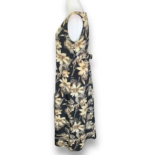 Vintage 90s Maxi Dress Black Tropical‎ Dark Floral Brown Sleeveless Bow Detail - Image 2