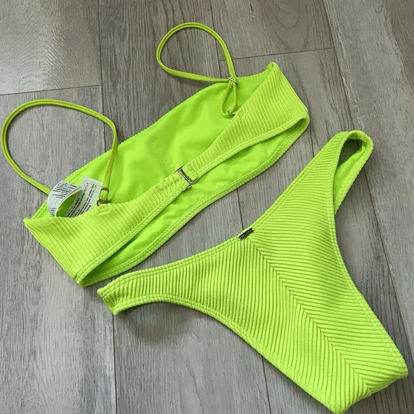 Hollister Neon Bikini Swimsuit pullover cheeky ribbed womens Green (small) beach - Image 2