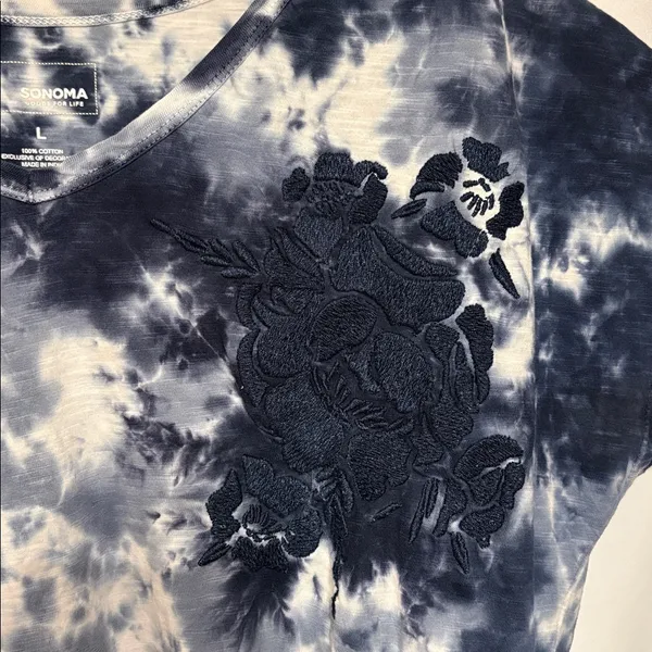 Sonoma Navy Blue and White Tie-Dye V-Neck Tee Boho Boxy SZ L 100% Cotton - Image 3