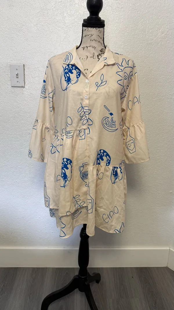Commence "Ciao" Graphic Print Mini Dress - XS - Bell Sleeve & Tiered Hem - Image 5