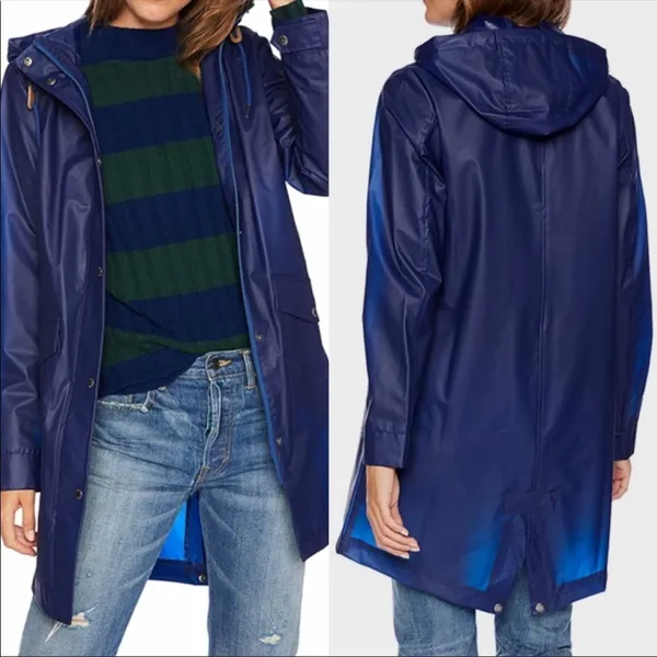 Levi's Blue Rain Jacket Trench Coat Hooded XS Long Line Snap Buttons Waterproof - Image 2