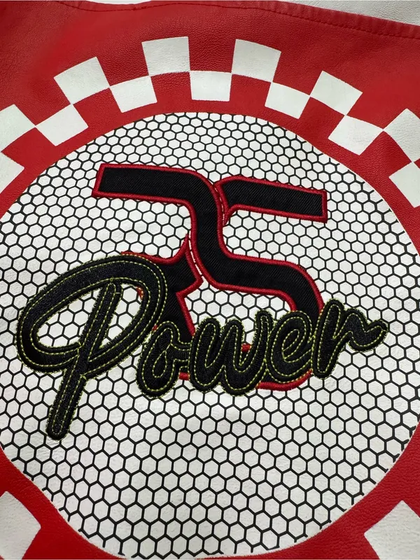Red and White Racing Bomber Jacket with Checkered Details - Image 12