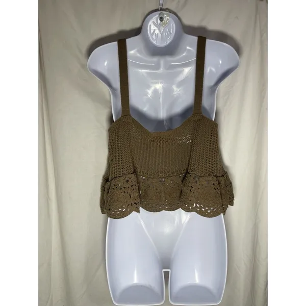 Universal Thread XL Brown Crochet Knit Peplum Tank Top Button Front Boho Cottage - Image 2
