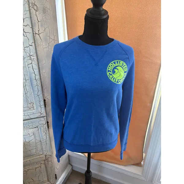 Hollister California Blue Sweatshirt Neon Green Logo Graphic Pullover Small - Image 2