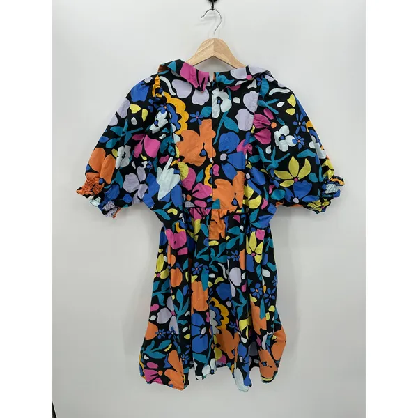 Floral‎ Maximalist Mini Dress Women Sz L Collar Bright Summer Puff Cotton - Image 2