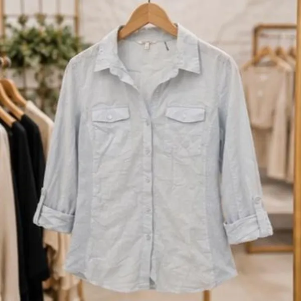 Light Blue Pinstripe Button Up Shirt Roll Sleeve Relaxed Fit Coastal Casual L - Image 6