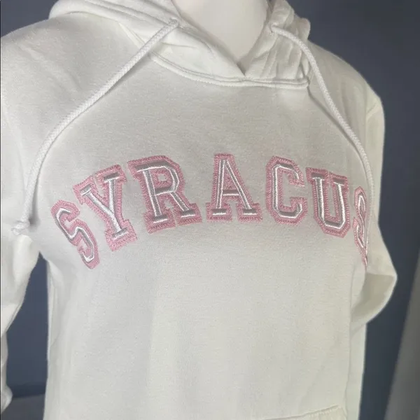Women’s White Embroidered SYRACUSE College Drawstring Hoodie Size L NEW - Image 2