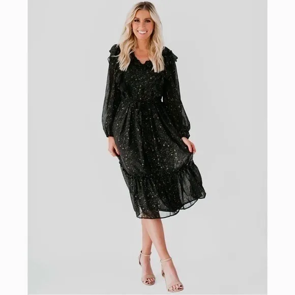 BY THE RIVER Chiffon Midi Dress Ruffled Black Gold Stars Party Glam Star Small‎ - Image 11