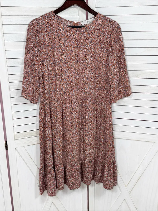Loft Ditsy Floral Print Tiered‎ Babydoll Dress Rust Orange 12 Boho Cottagecore - Image 8