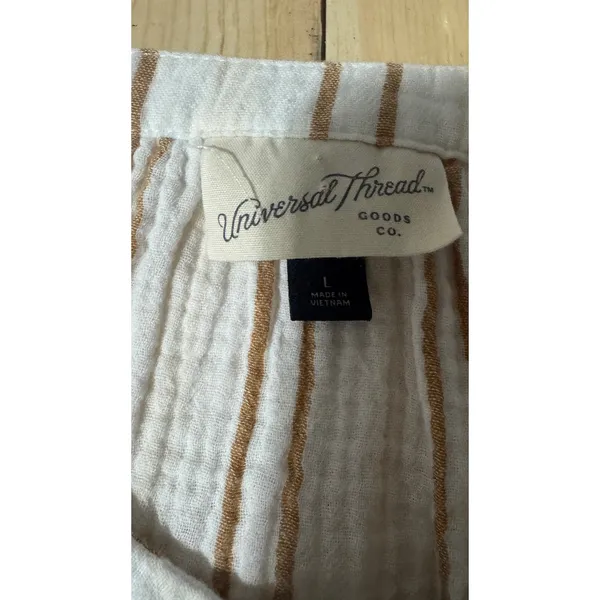 Universal Threads Womens‎ Large White Tan Striped Cotton Gauze Henley Blouse Top - Image 2