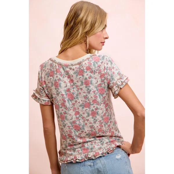 BiBi Rose‎ Printed Slub Knit Ruffled Sleeves Top - Image 3