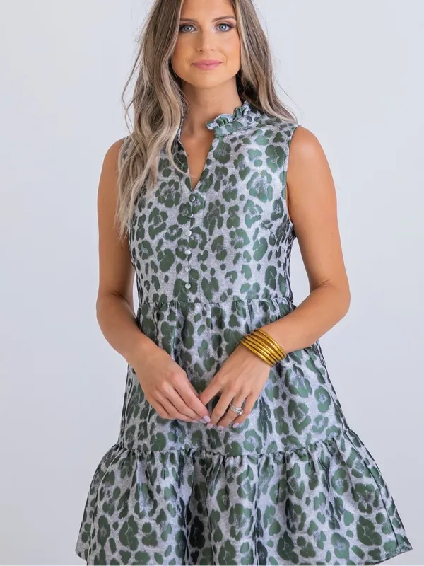 NWOT Karlie Green Leopard Tiered Tapestry Mini Dress Size Medium - Image 2