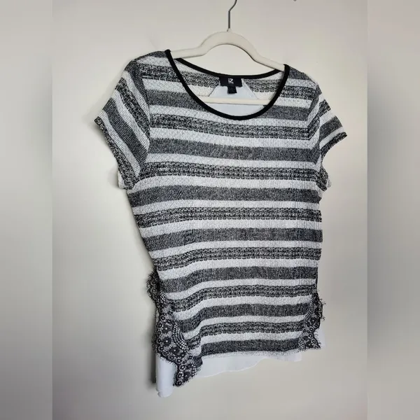 IZ Byer Black White Stripe Mixed Media Blouse Top Lace Knit Semi Sheer Size XL - Image 5