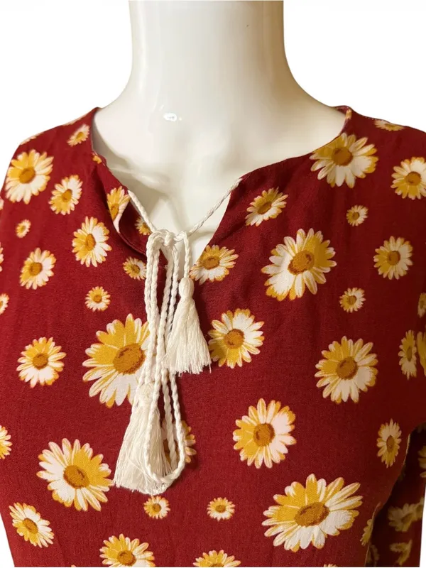 Women’s Red Daisy Print Long Sleeve Maxi Dress - Image 3