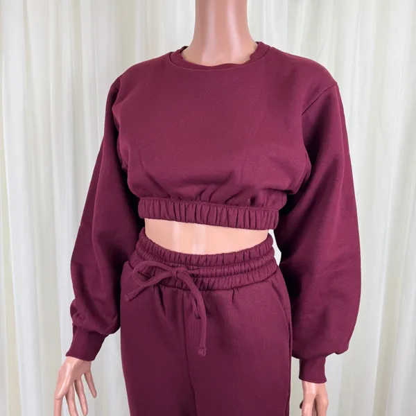 Zenana 2 Pcs Crop Sweatshirt Tracksuit Jogger Pants Set Outfit Active Loungewear LG Burgundy - Image 6