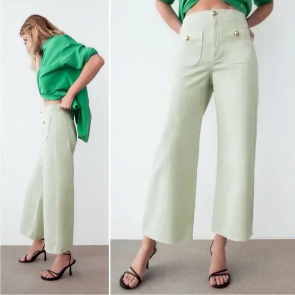 Zara Wide Leg Cropped Jeans Gold Button Front Pockets in Mint Green 4 - Image 2