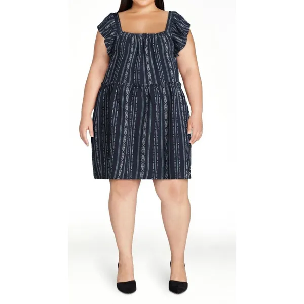 Time and Tru Womens Dress Dark Navy Stripe Size XL Square Neck Mini Linen - Image 4