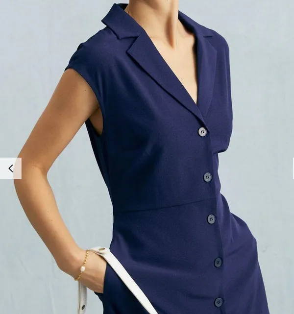 RIHOAS The Navy V Neck Button Cap Sleeve Midi Dress - Image 2
