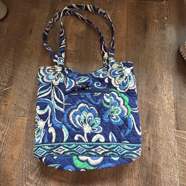 Vera Bradley Mediterranean Floral Quilted Cotton Tote Shoulder Bag Blue Green - Image 4