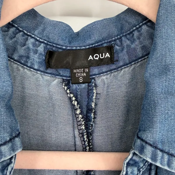 Aqua Chambray Denim Shirt Dress Embroidered‎ Floral Button Front S Boho Casual - Image 5