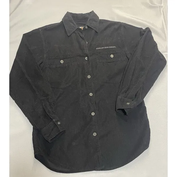 Harley Davidson Womens Black‎ Corduroy Button Up Shirt Long Sleeve Embroidered - Image 2
