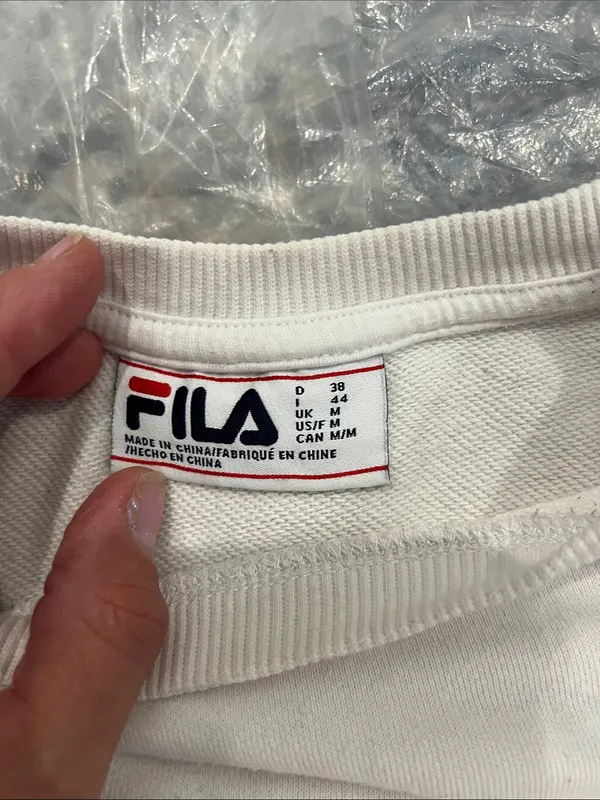 Fila White Crewneck Sweater with Navy Trim and Small Logo - Image 7