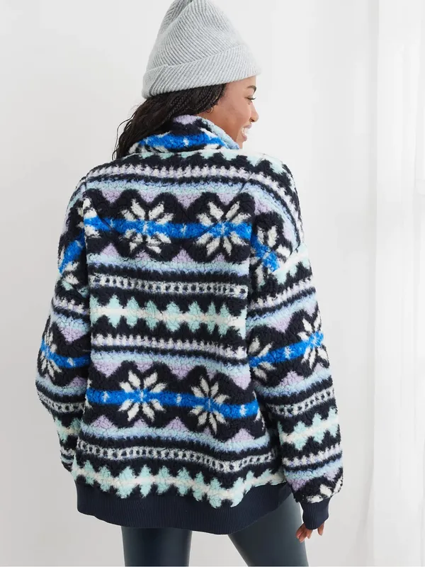 AERIE Hometown‎ Holiday Quarter Zip Oversized Sherpa Pullover, Size Medium - Image 2