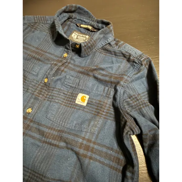 Carhartt Rugged Flex Women Medium Relaxed Fit Plaid Flannel‎ tunic Navy Blue - Image 4
