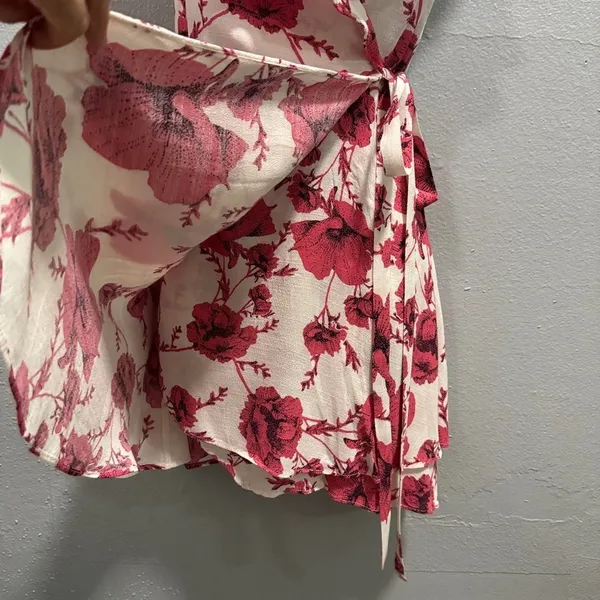 Free People Floral Ruffle Wrap Mini‎ Dress Cream Pink Cap Sleeve Size S - Image 6