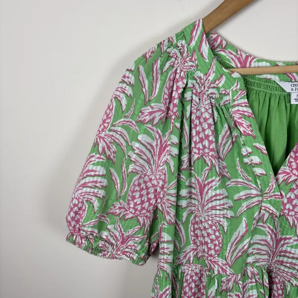 Crown Ivy Dress Sz‎ S Pineapple Green Cottage Tiered Tropical Puff Short - Image 5