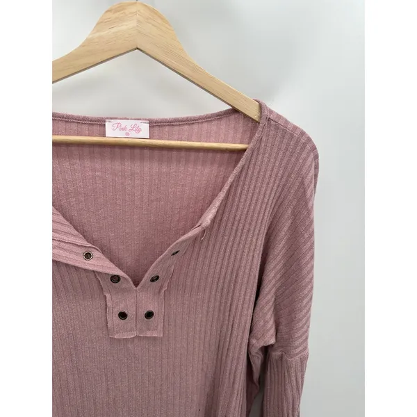 Pink‎ Lily Womens M Mauve Pink Ribbed Henley Top Boxy Relaxed Long Sleeve Casual - Image 5