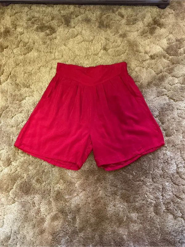 Vintage 80s Penny Lane Red High Rise Rayon Shorts Elastic Waist Pockets Large - Image 8