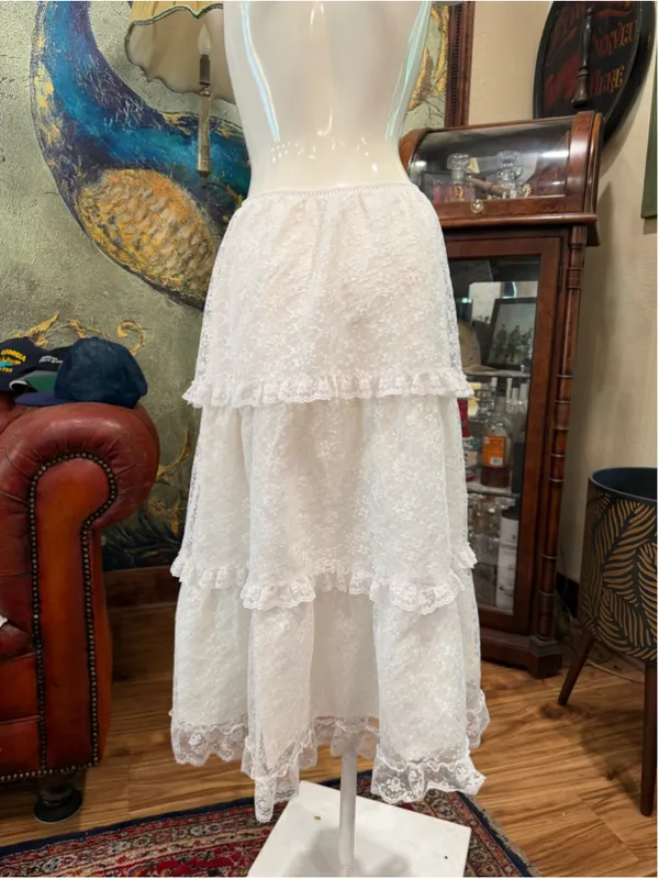 Vintage Periwinkle Lace Tiered Maxi Skirt Cream White Prairie Cottagecore M USA - Image 5