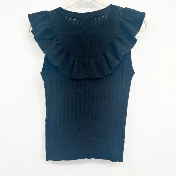 PAIGE Womens Black Rosina Ruffled Pointelle Organic Cotton Silk Blend Knit Top S - Image 10