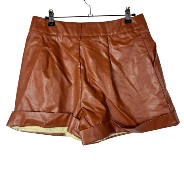 Shein Brown Cuff Hem High Rise Faux Leather Shorts‎ L - Image 2